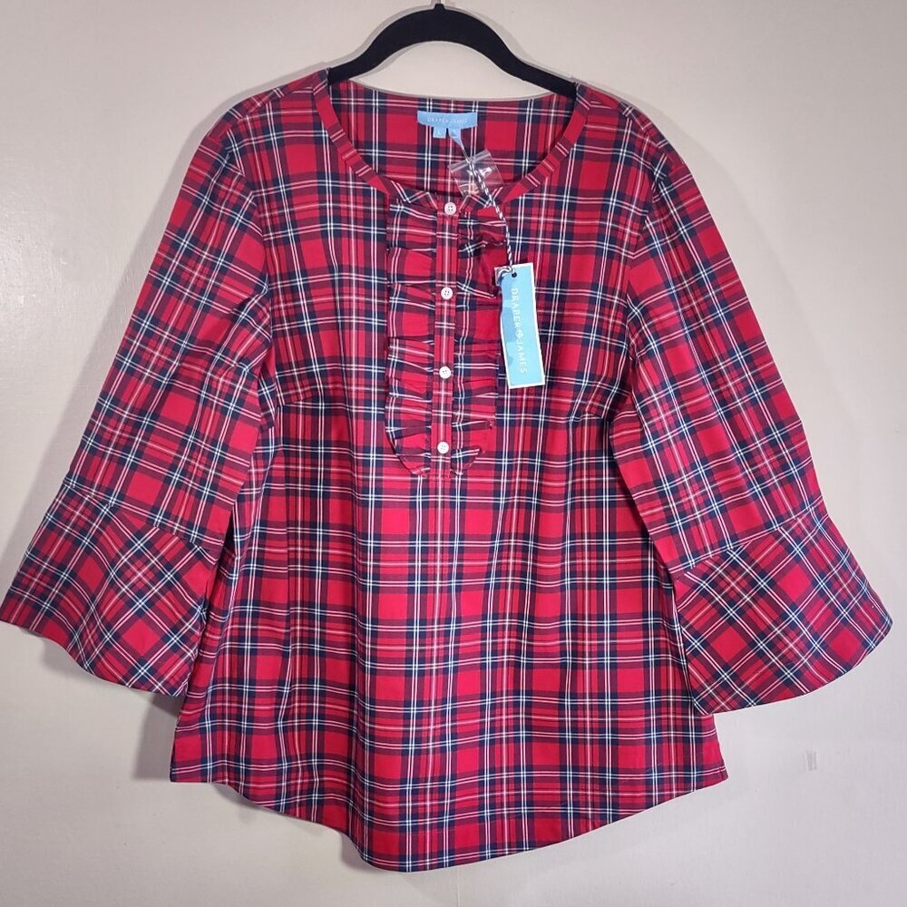 NWT Draper James Red Plaid Blouse Tunic 3/4 Bell Sleeve Ruffle Women's Large - Picture 2 of 11